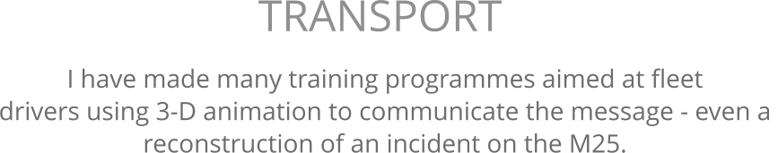 I have made many training programmes aimed at fleet  drivers using 3-D animation to communicate the message - even a  reconstruction of an incident on the M25. TRANSPORT 